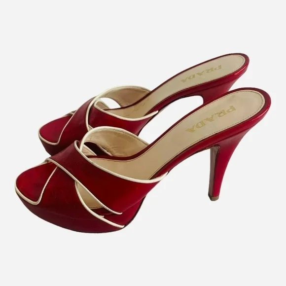 Prada Vitello Raspberry Beige Leather Platform Peep Toe High Heel Sandals